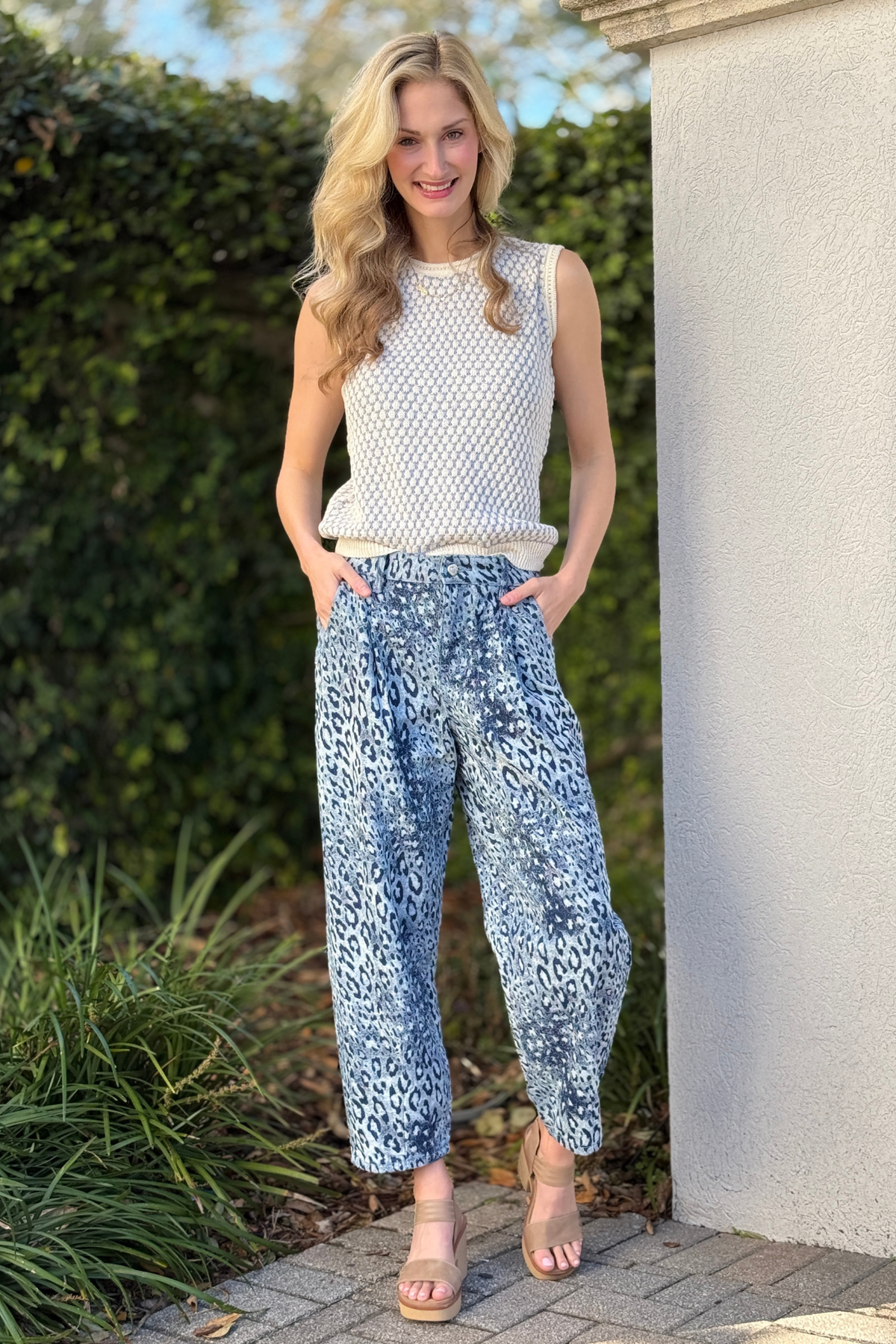 Tribal blue leopard print Audrey barrel jeans front view styled outfit