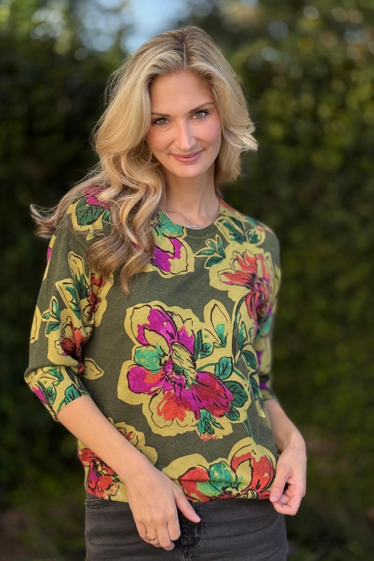 TRIBAL Soft Yarn Floral Crewneck Sweater – 3/4 Sleeve