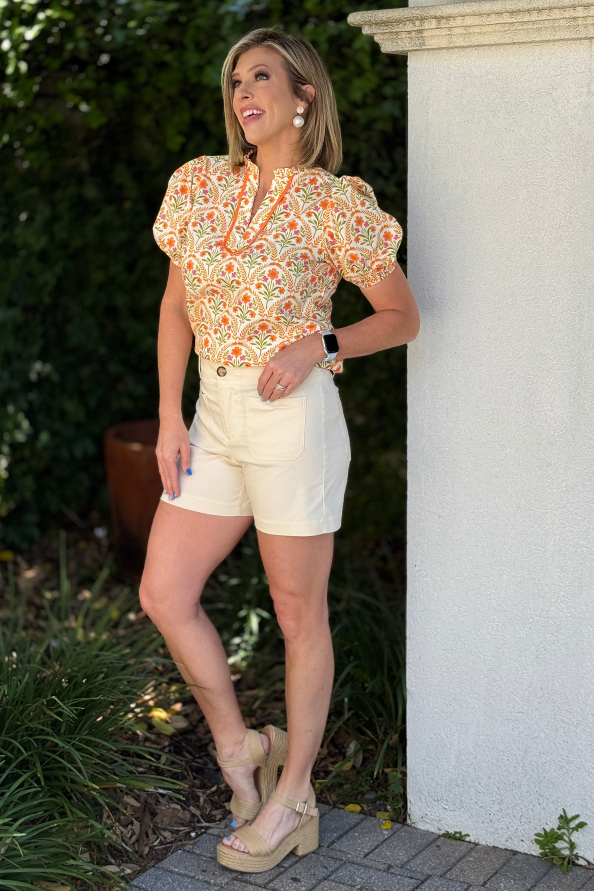 high rise stretch twill shorts front view neutral