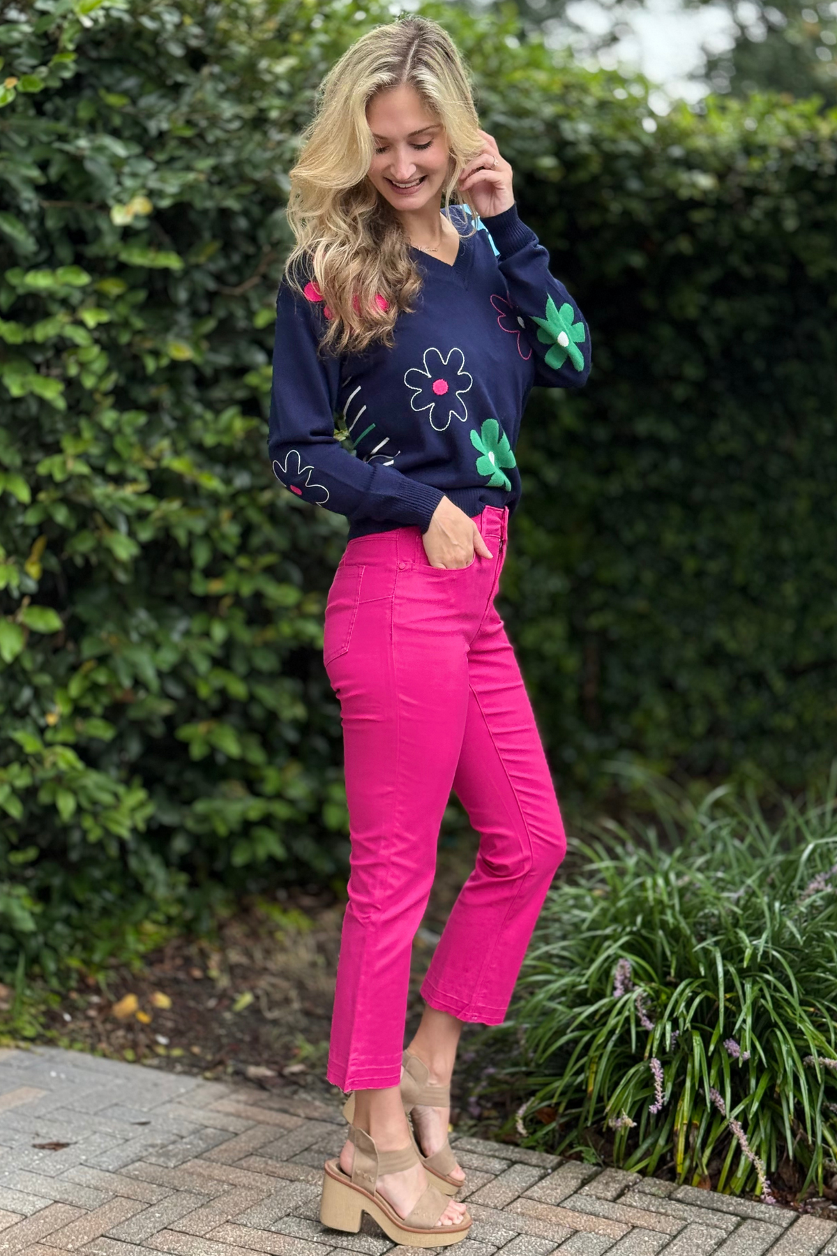 Close-up of released hem detail on Tribal cropped flare jeans