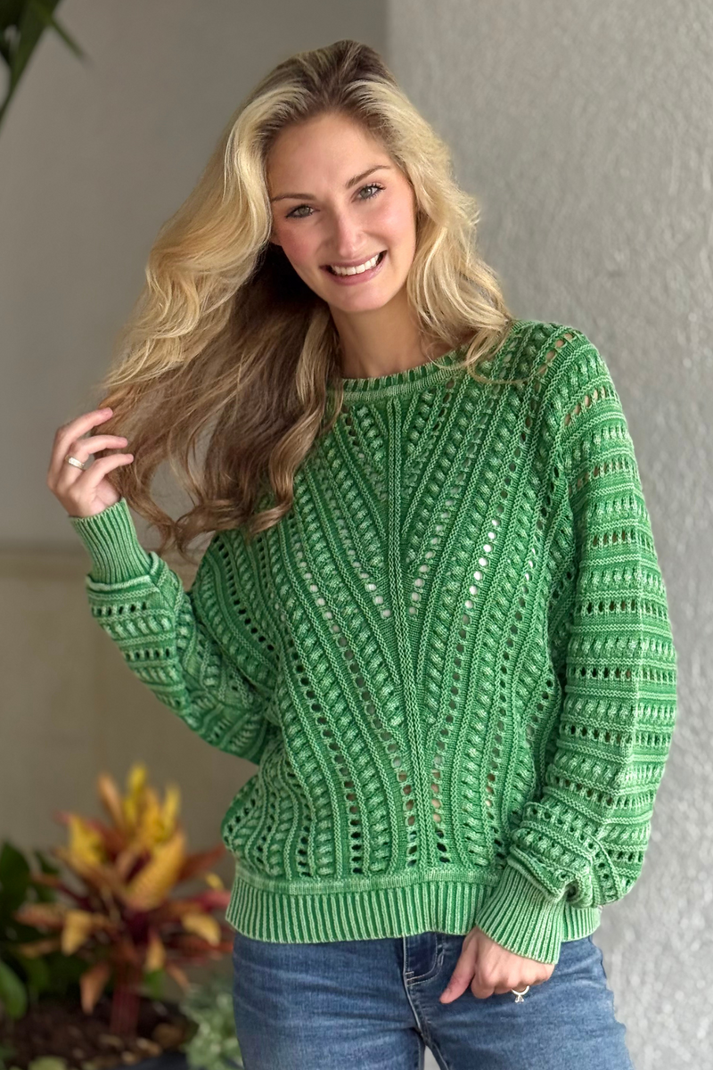 Close-up of Tribal Fieldstone Textured Crew Sweater showing crochet dolman sleeves and ribbed collar