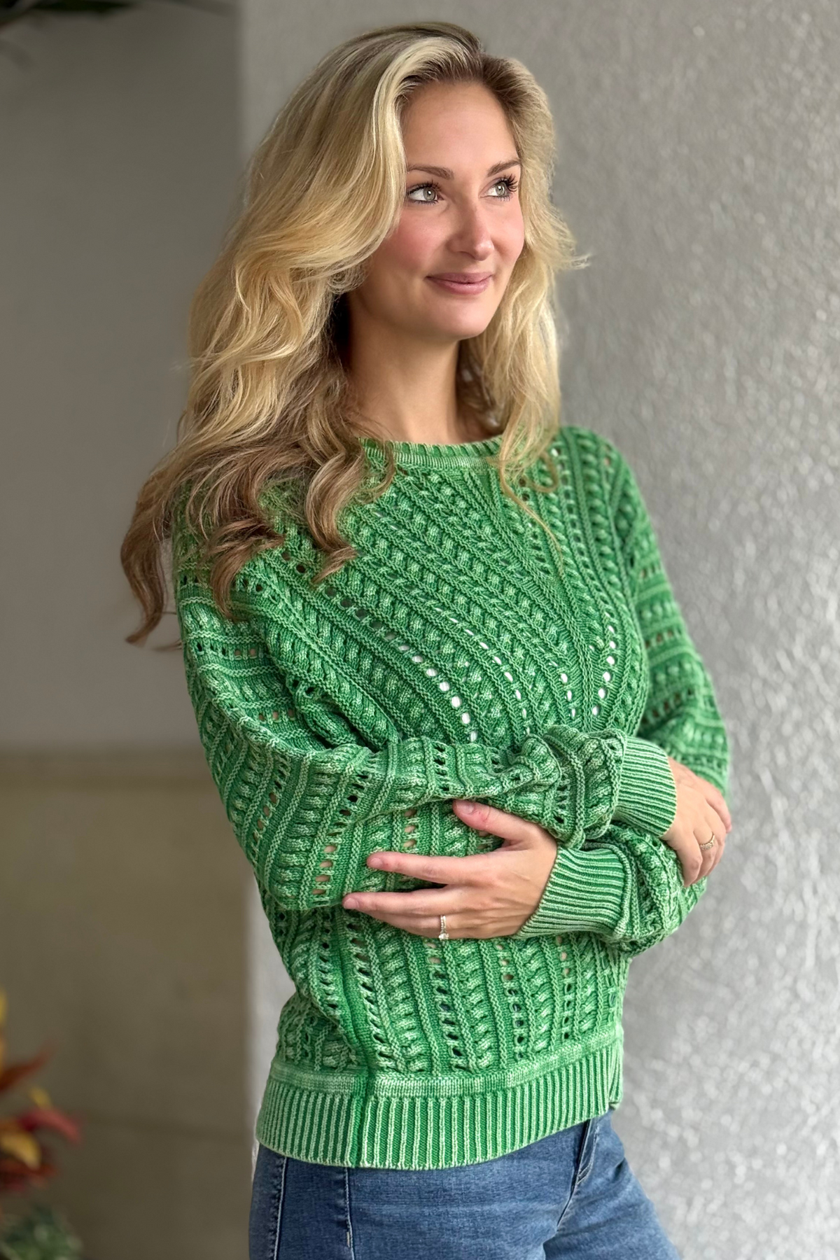ribal Fall 2025 Fieldstone Textured Crew Sweater in Field Green styled with denim