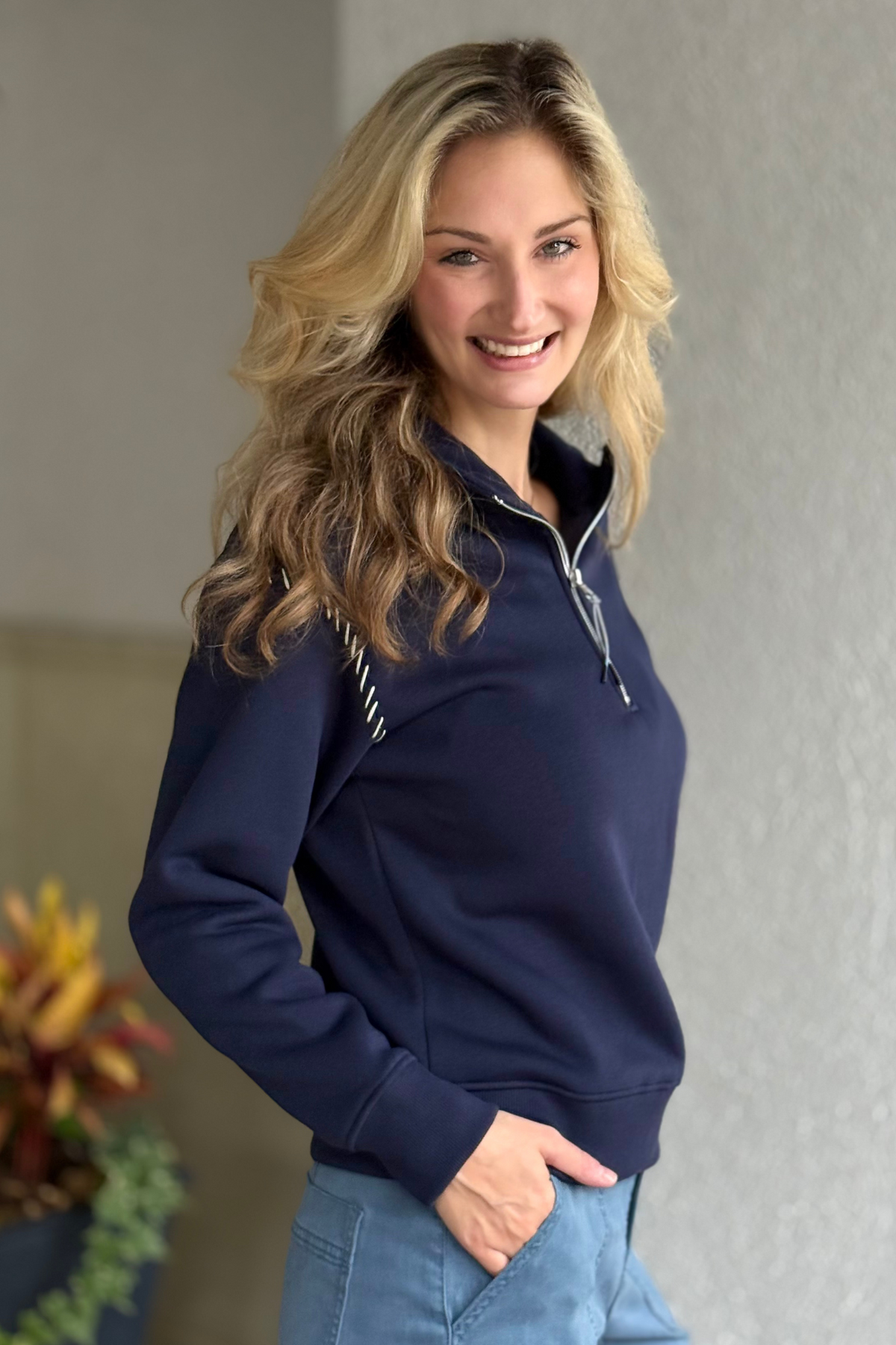 Cozy funnel neck sweater in sapphire with long sleeves and zip accent from Tribal
