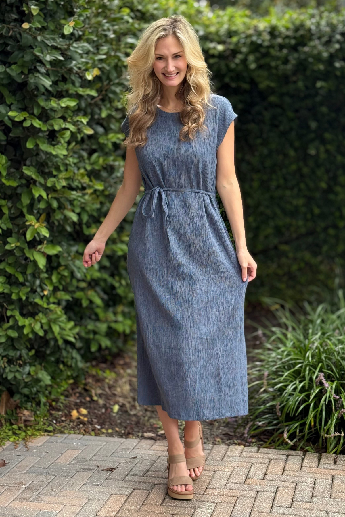 midi dress crinkle premium Tribal Slatebrook Crinkle Knit Midi Dress – Slate Blue | The Pink Nickel – Women's Clothing Boutique
