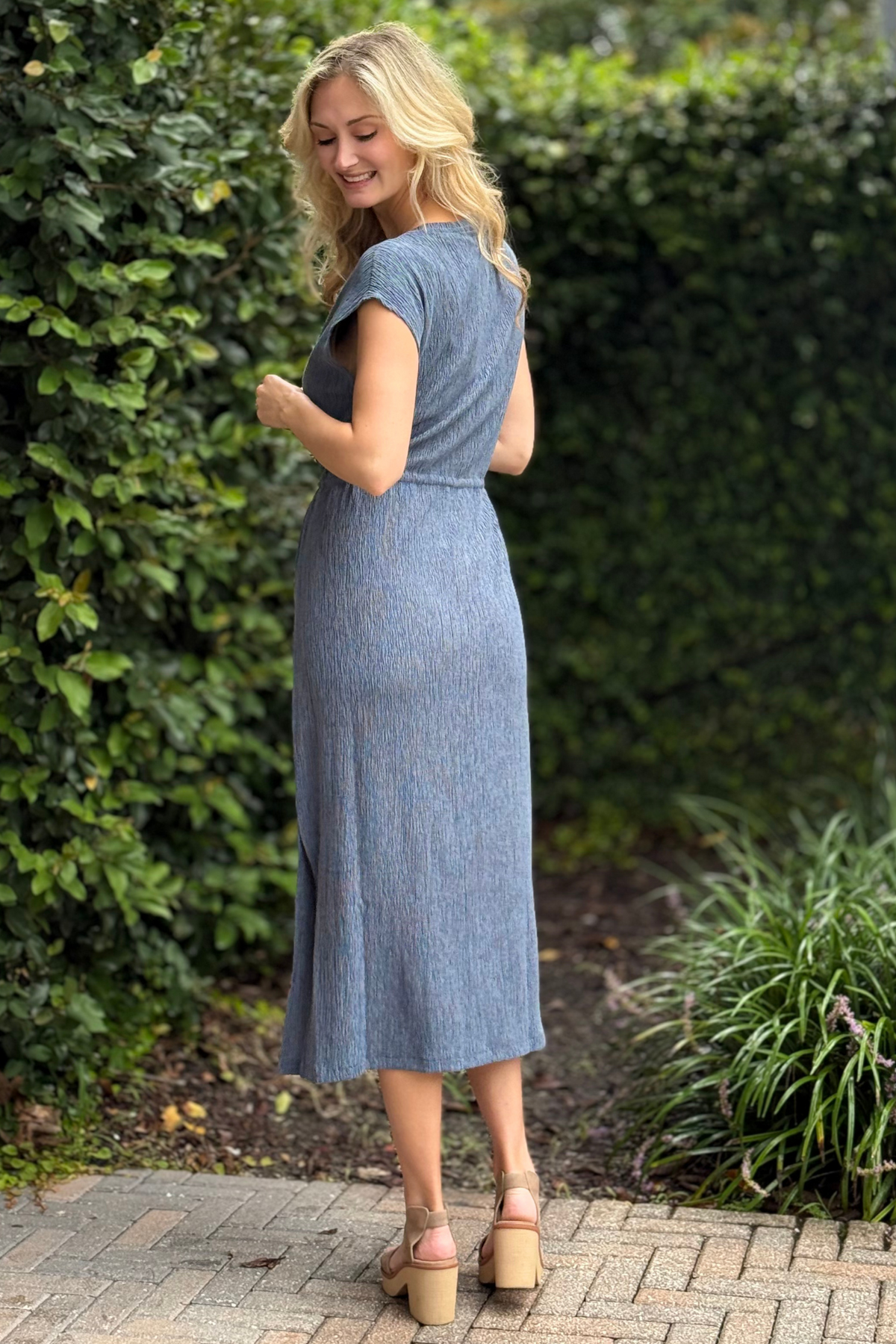 midi dress crinkle premium Tribal Slatebrook Crinkle Knit Midi Dress – Slate Blue | The Pink Nickel – Women's Clothing Boutique