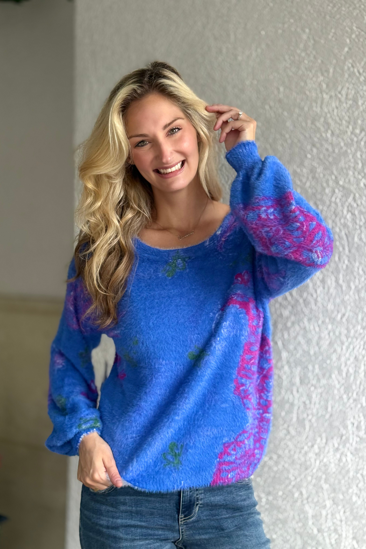 Front-to-back reversible floral sweater in lapis blue from Tribal