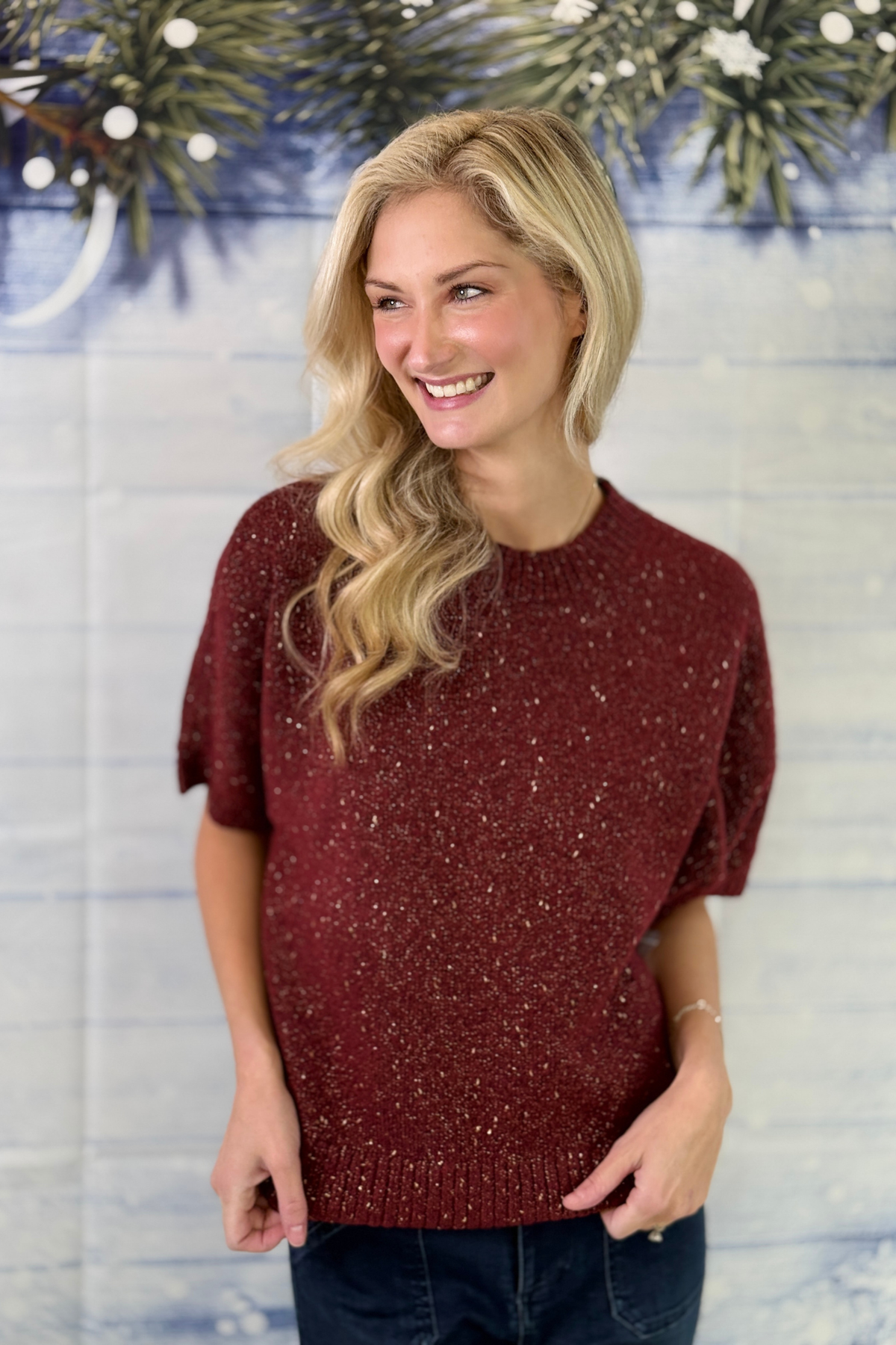 Women’s Cherry Lacquer metallic knit sweater by Tribal  