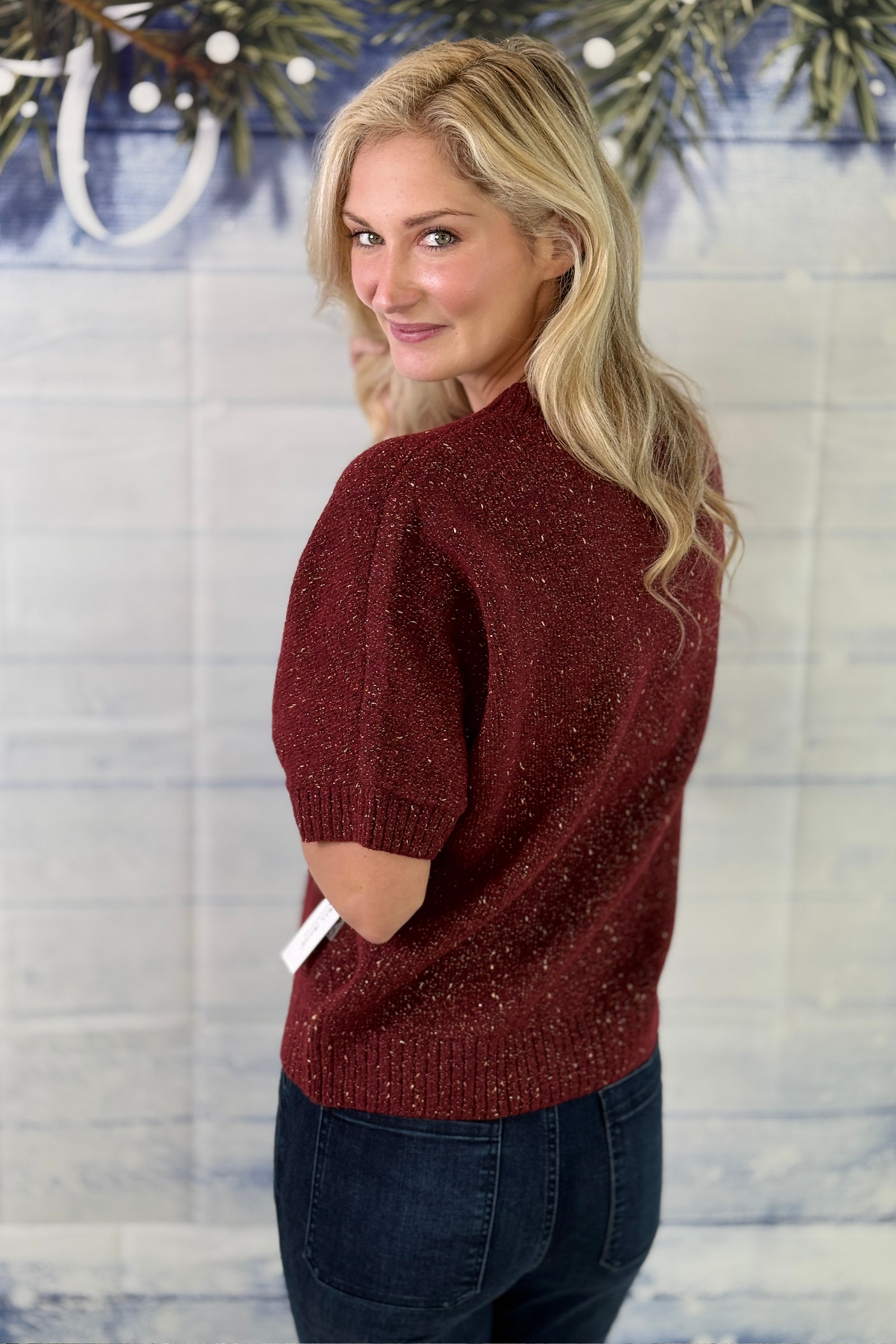 Women’s holiday short sleeve sweater in Cherry Lacquer  