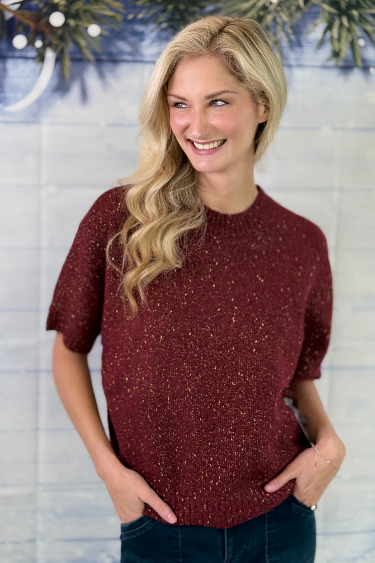 Tribal Holiday Shimmer Short Sleeve Sweater in Cherry Lacquer front view  