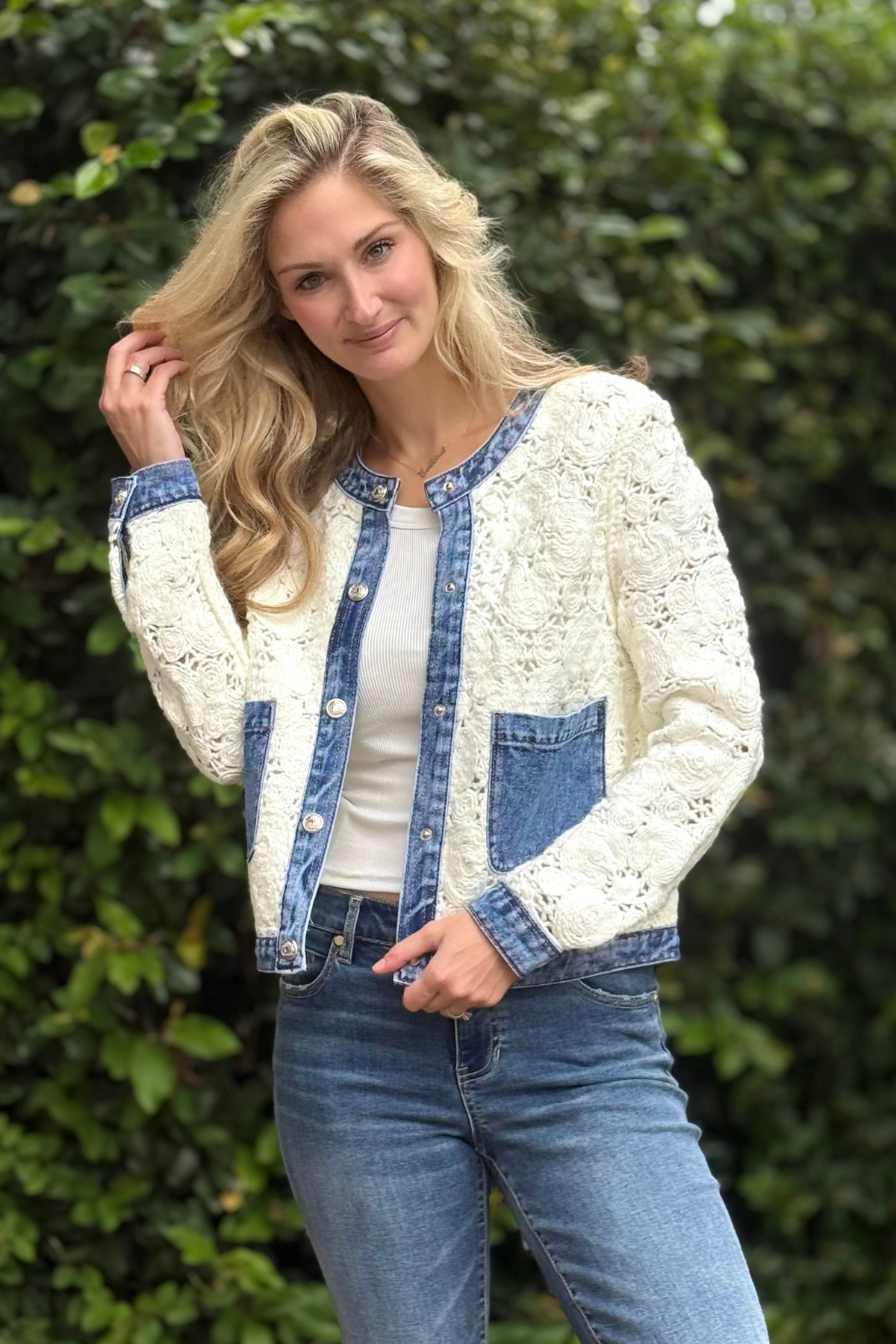 Tribal Fall 2025 Bluehaven Mixed Media Crochet Jacket styled with casual denim