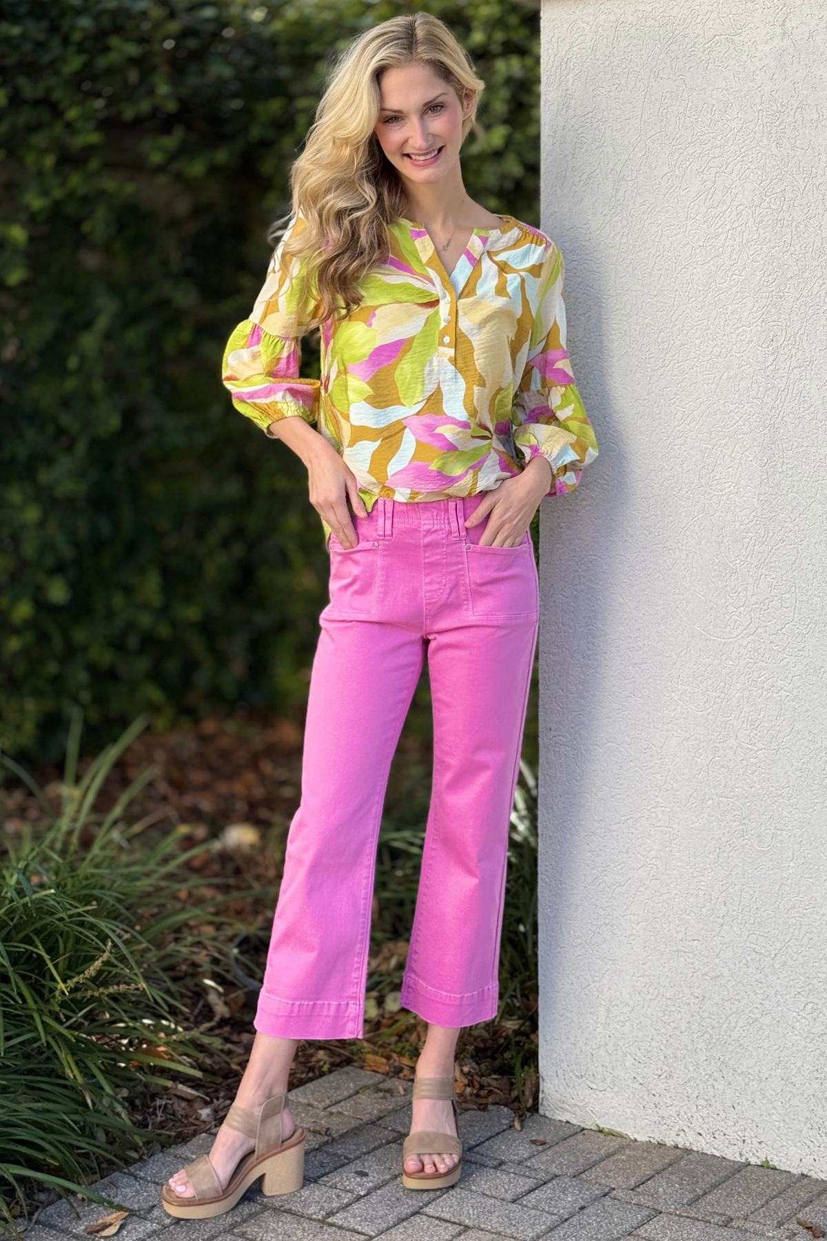 Pink tribal kick flare capris front view