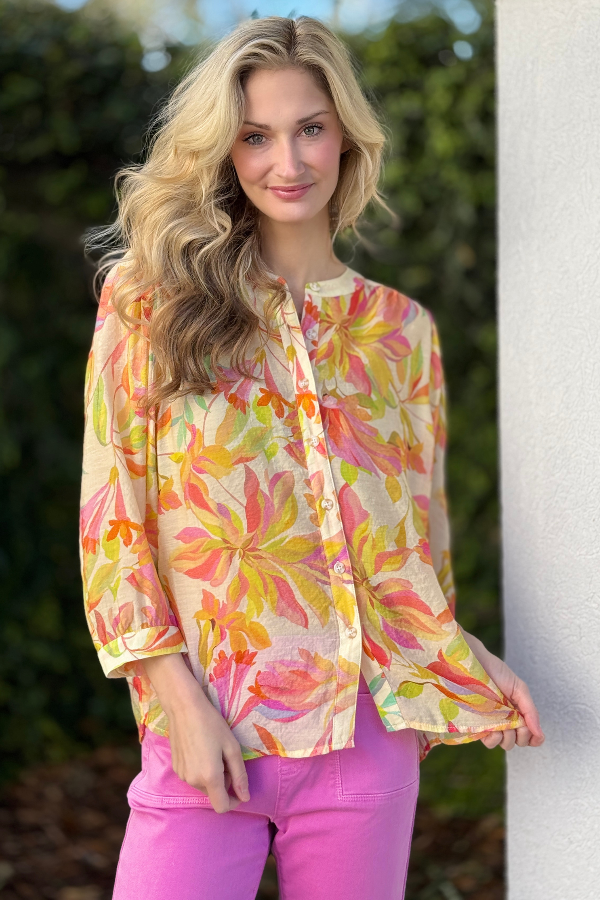 Tribal rosesilk floral dolman sleeve blouse front view