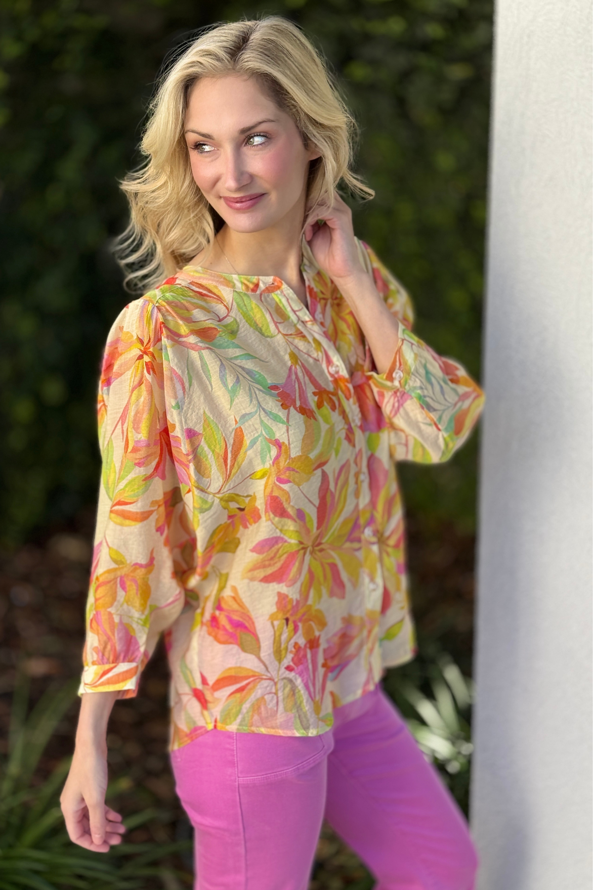 Close up of fabric covered buttons tribal rosesilk blouse