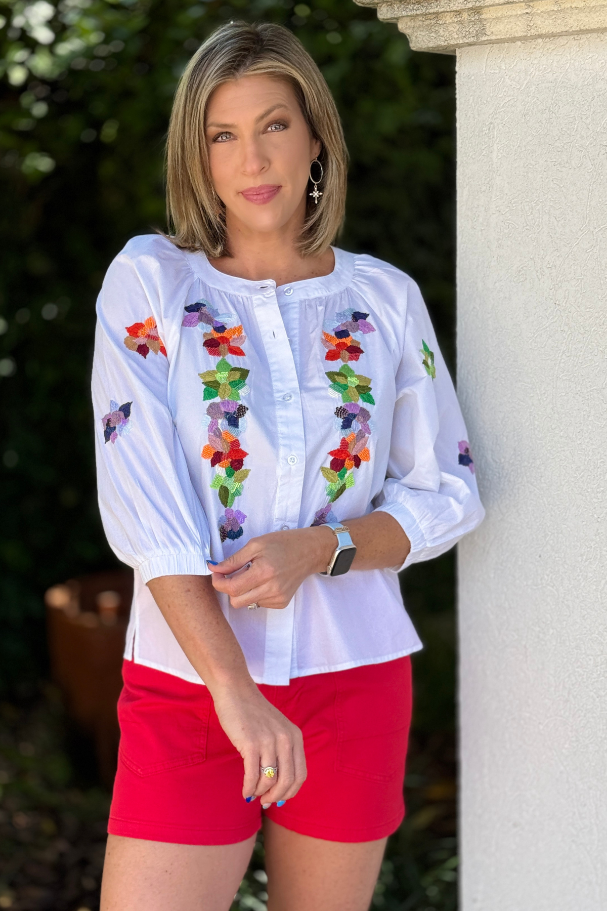 white embroidered poplin blouse with colorful floral detail