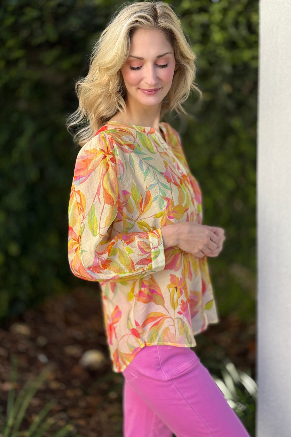 Side view tribal floral dolman sleeve blouse