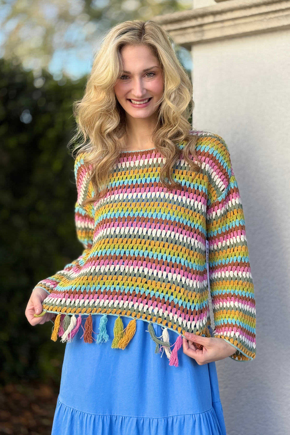Tribal multicolor crochet bell sleeve sweater front view