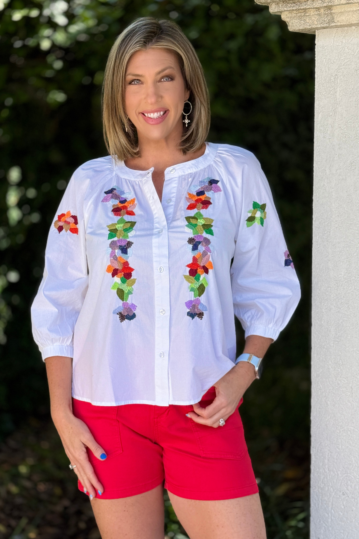 lightweight 3/4 sleeve blouse with embroidery