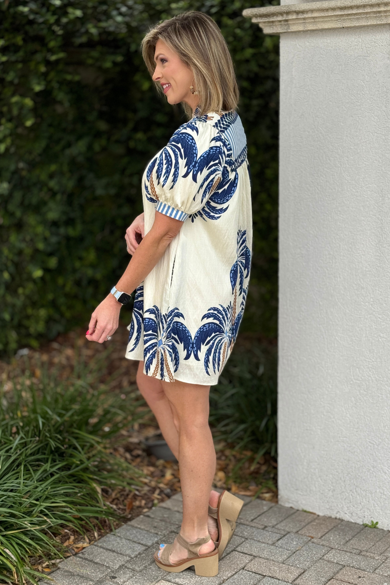 Coastal V-neck mini dress with ruffle collar