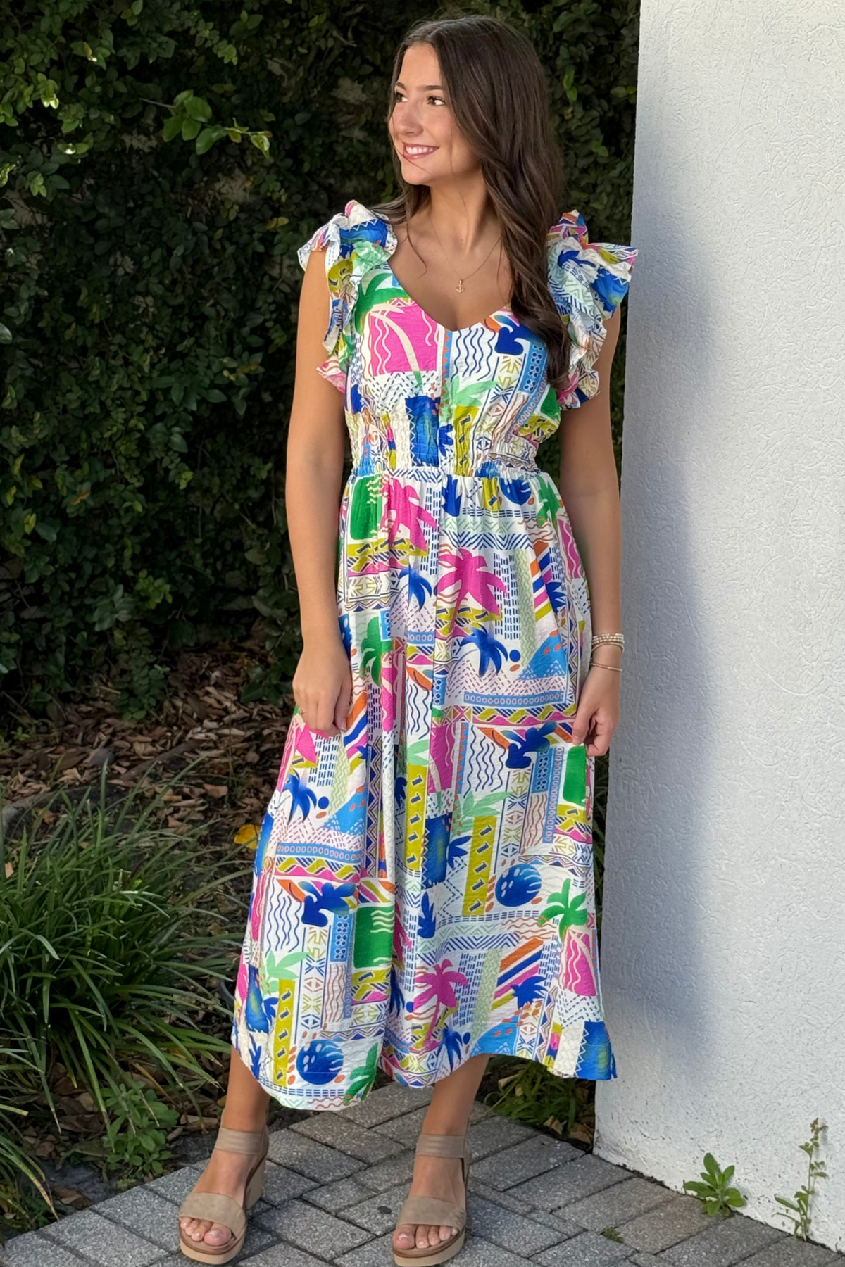 The Island Mosaic Tropical Patchwork Midi Dress