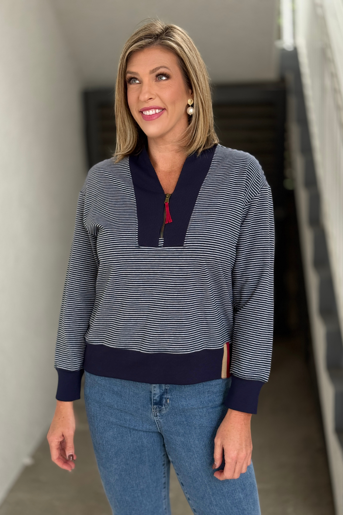 Women’s navy and white striped lightweight sweatshirt with zip collar