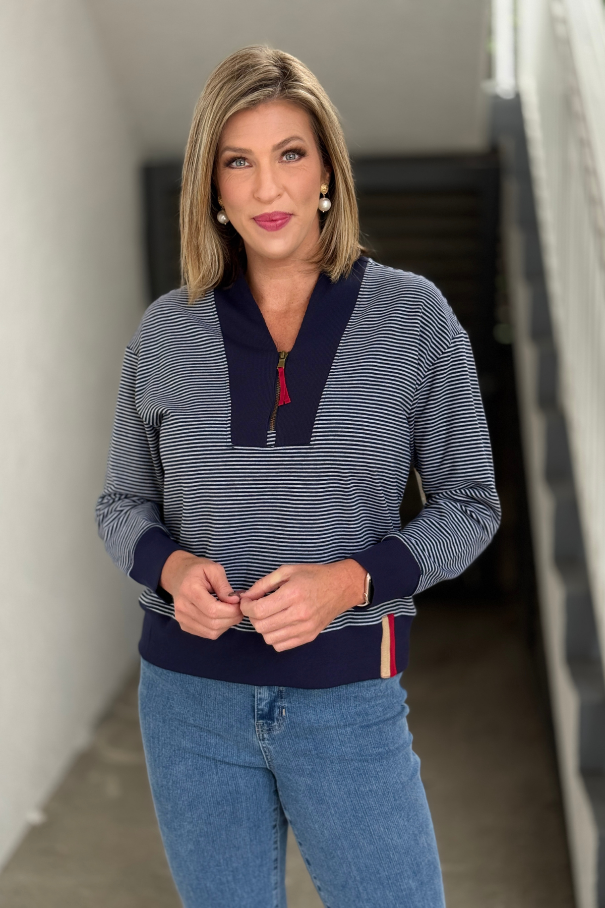 Tru Luxe navy stripe sweatshirt with contrast cuffs and hem
