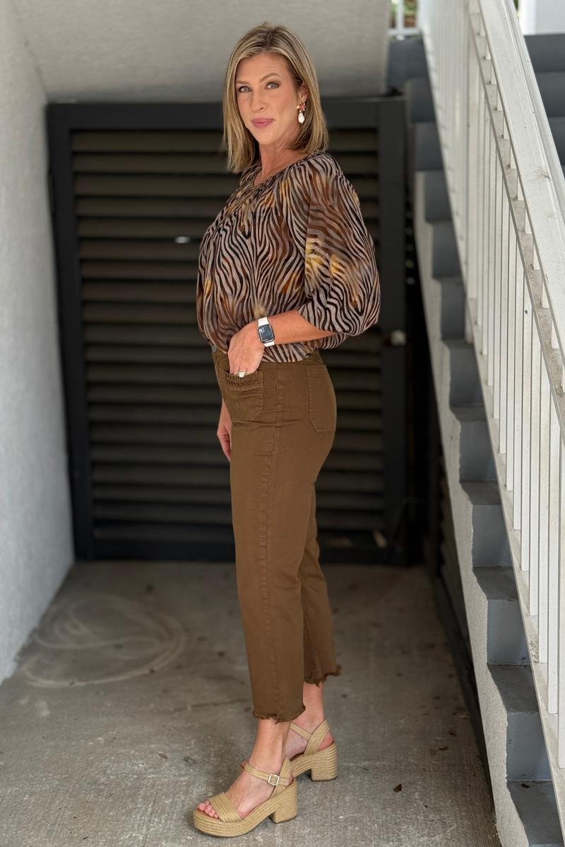 Women’s dark olive cropped jeans with pleated patch pockets