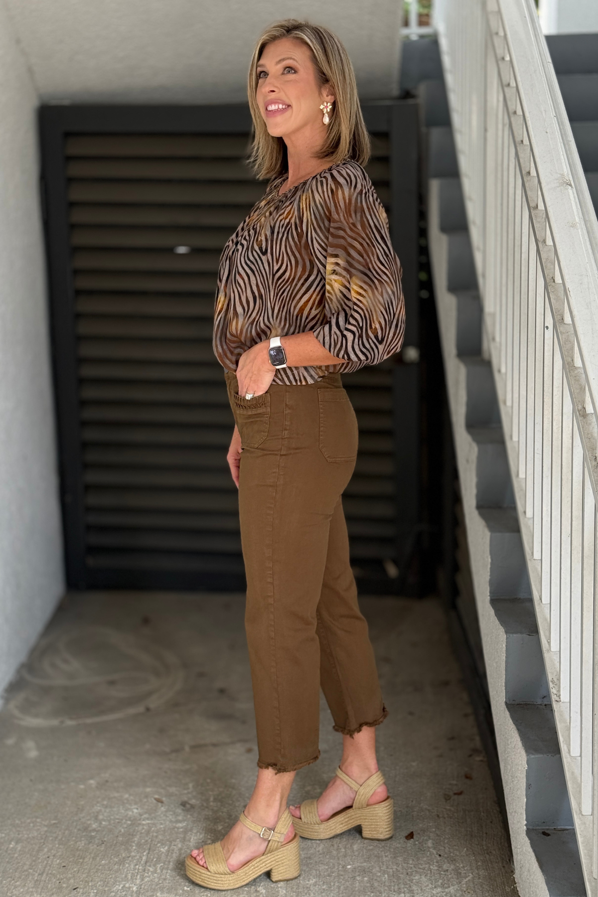 Tru Luxe olive crop jeans with front seam and frayed hem
