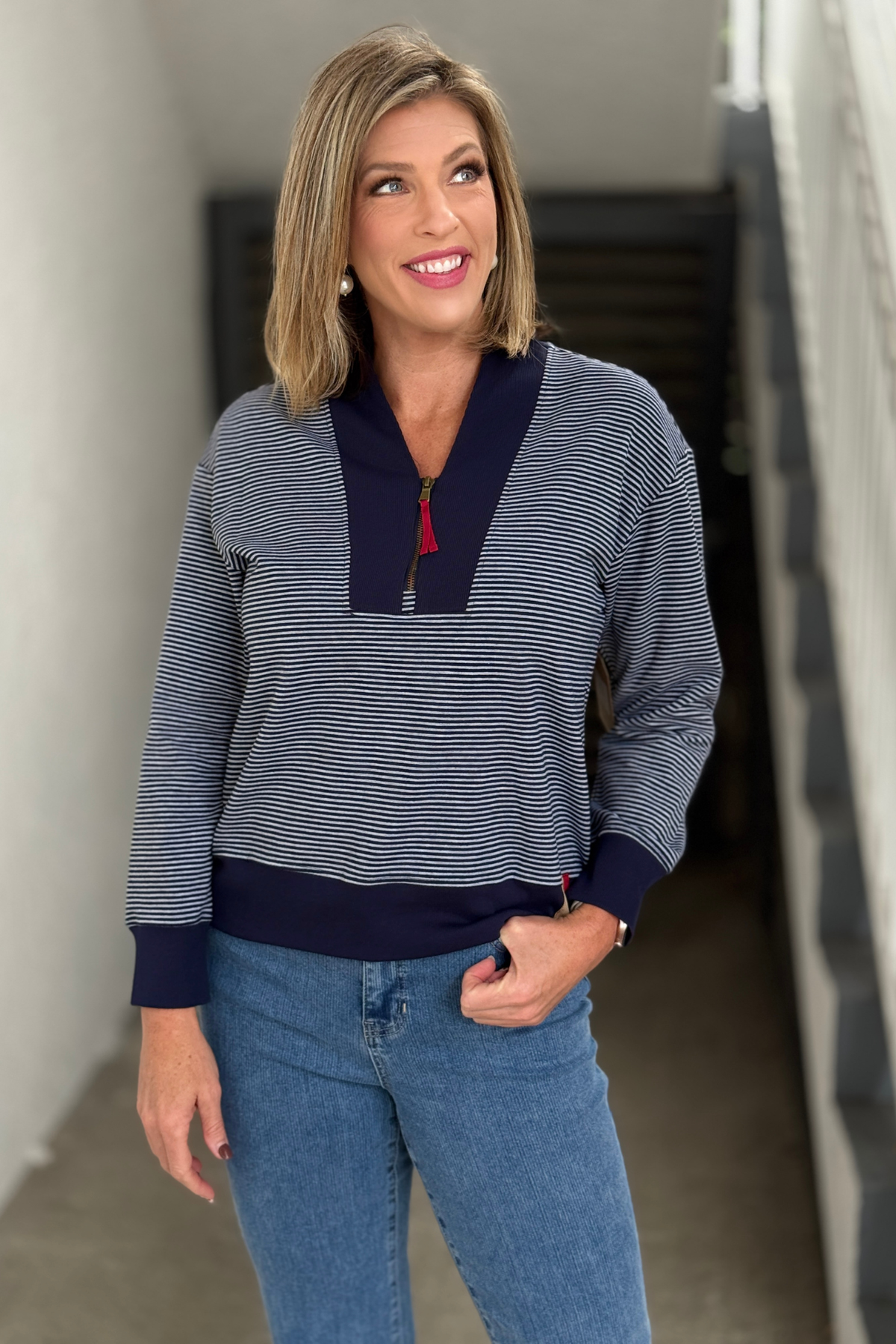 Tru Luxe Shawl Collar Zip Front Stripe Sweatshirt in Navy front view