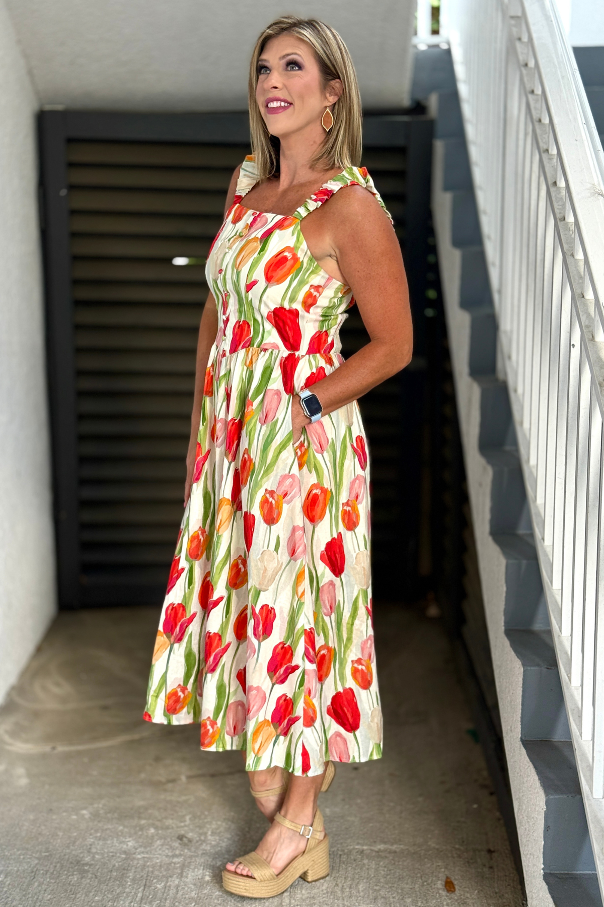 Colorful watercolor tulip midi dress with ruched shoulder straps