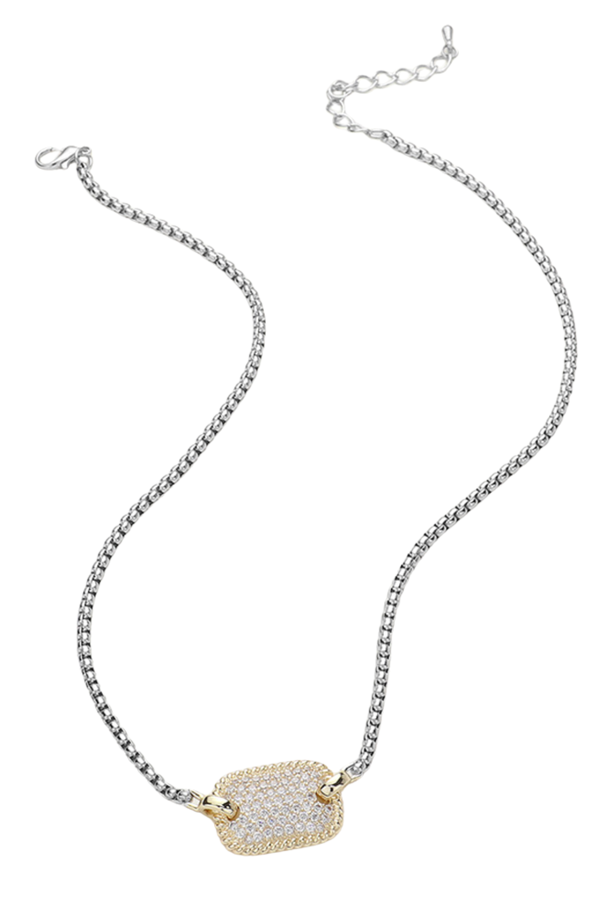 Two-tone chain necklace with gold-dipped CZ paved rectangle pendant