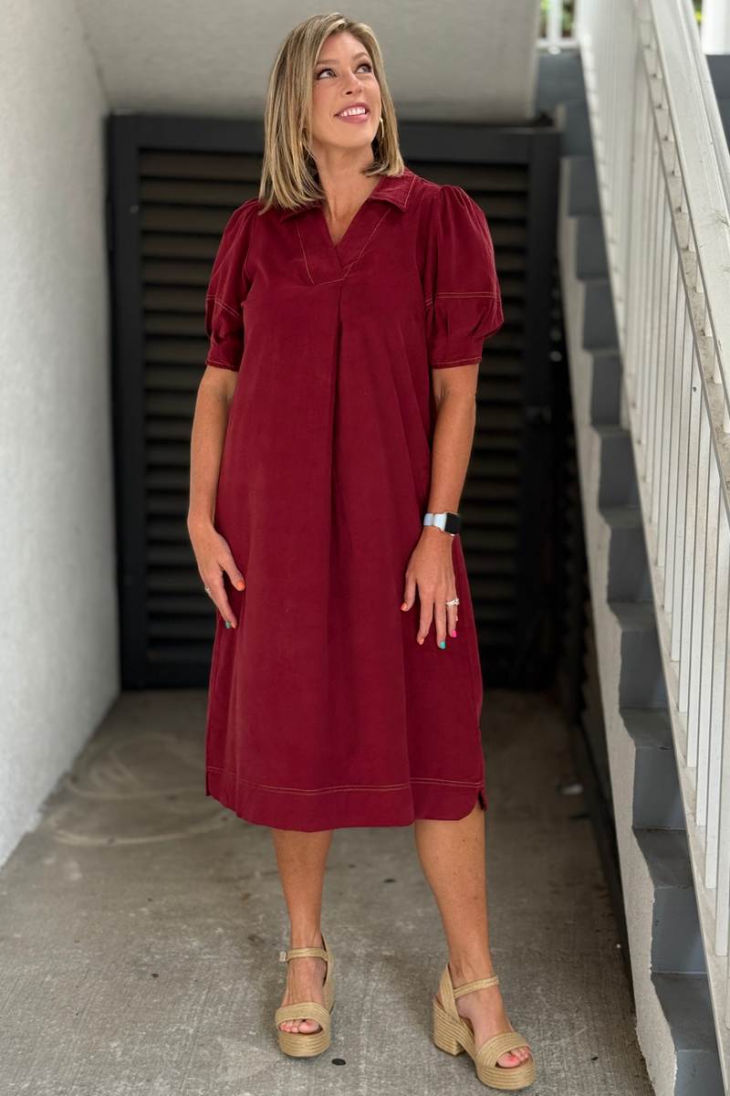 Burgundy corduroy midi dress with puff sleeves