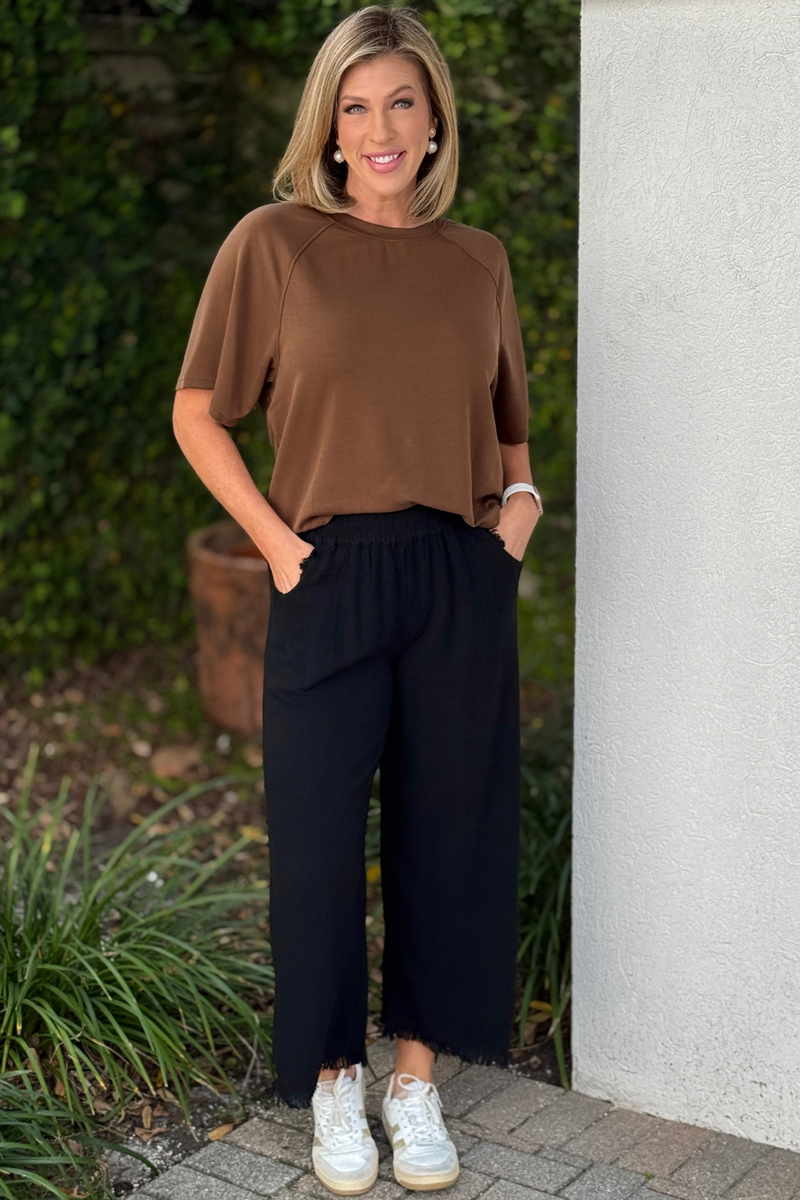 Black cropped wide leg pants with elastic waist