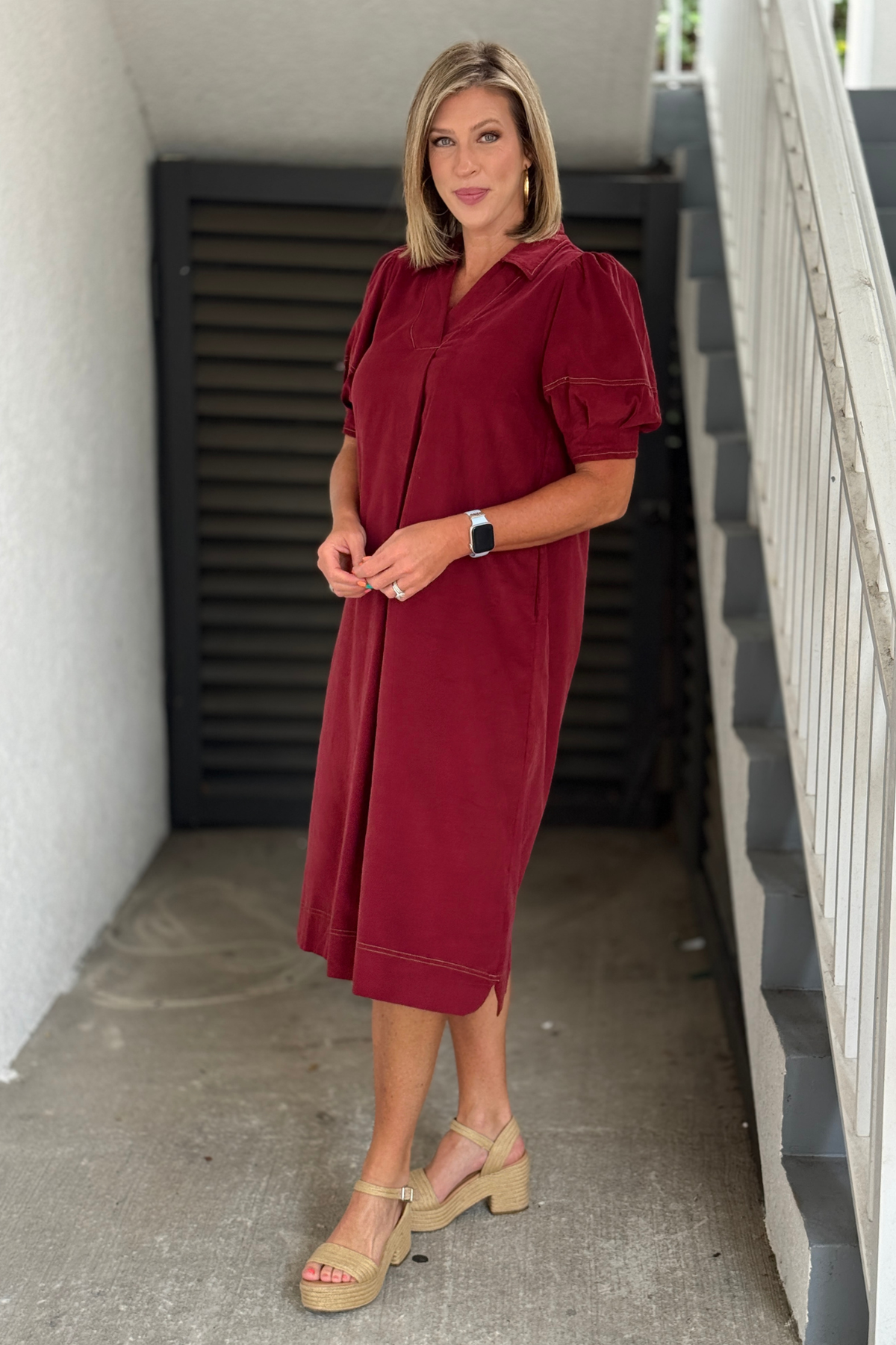 Soft burgundy puff sleeve fall dress