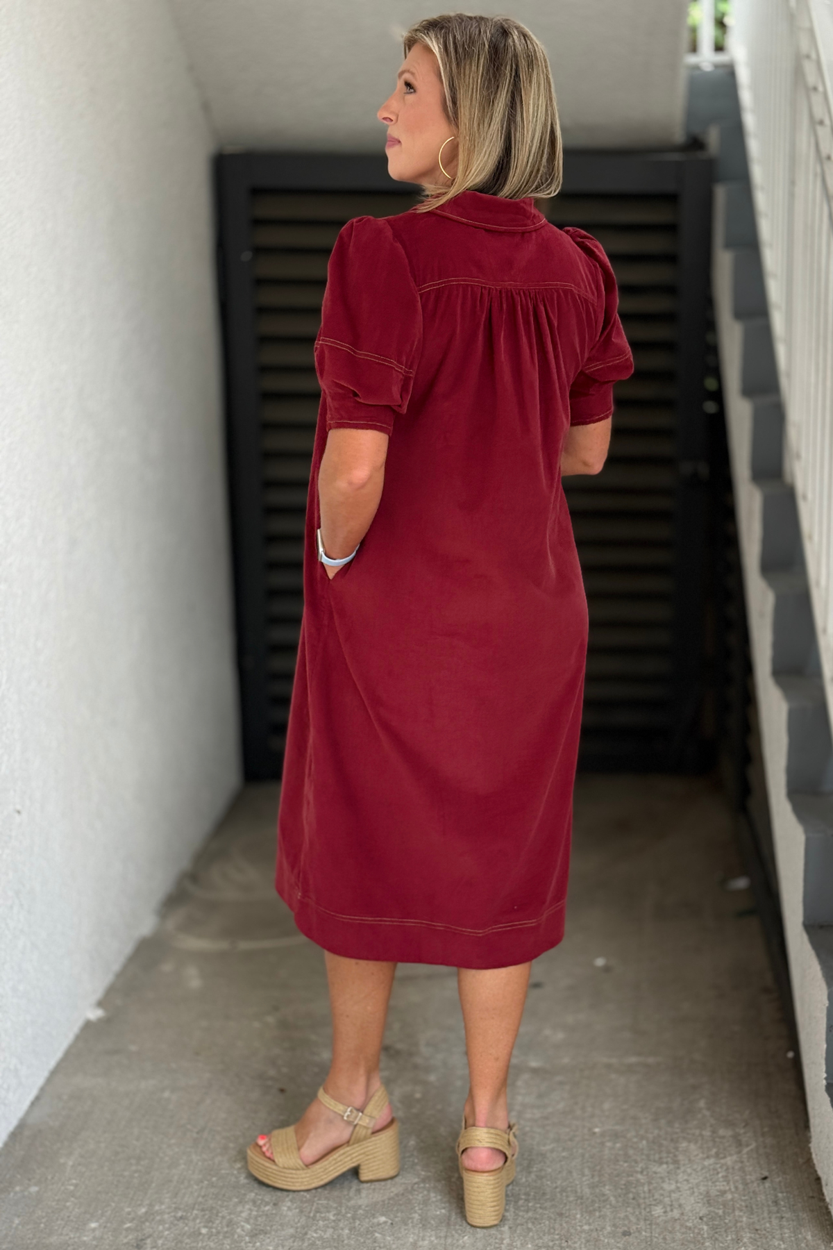 Bordeaux Charm Corduroy Midi Dress | Burgundy Fall Dress – Women's Clothing Boutique
