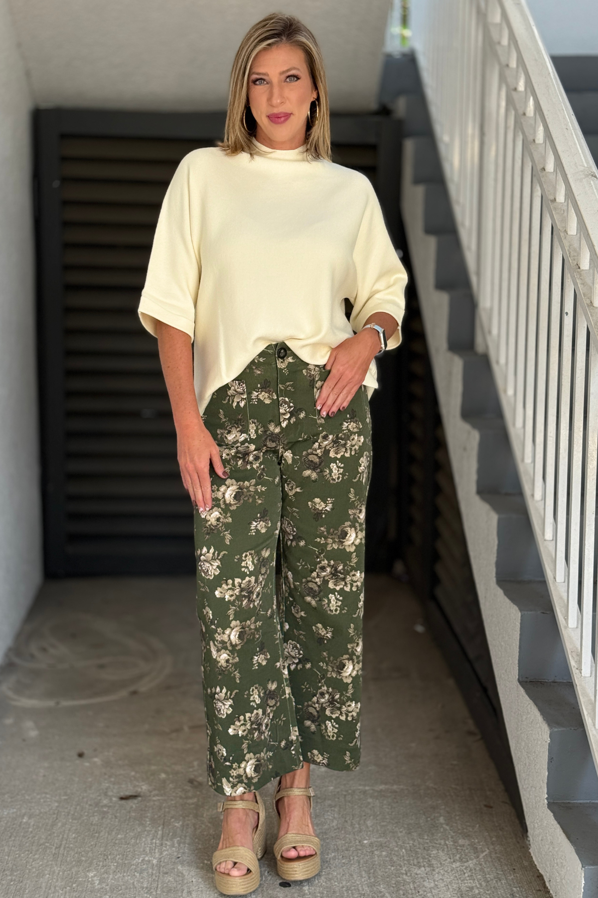 Olive floral cropped wide leg pants front view
