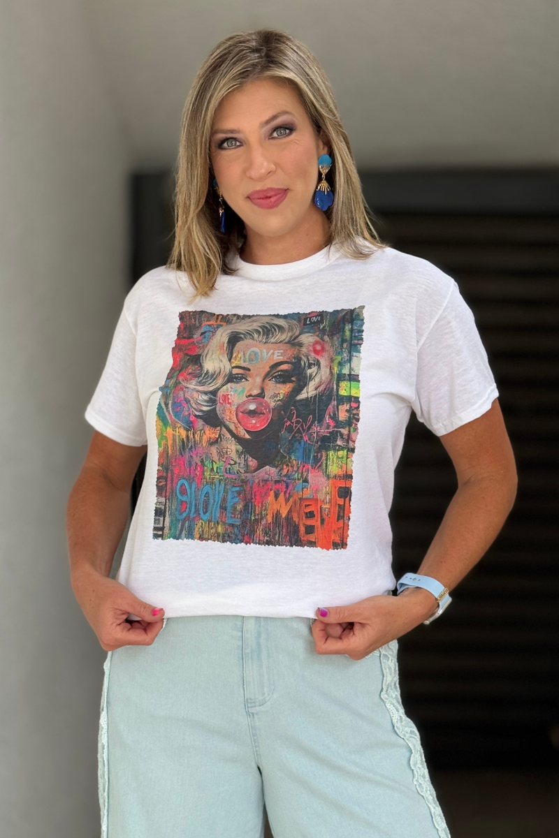White graphic t shirt with colorful portrait design