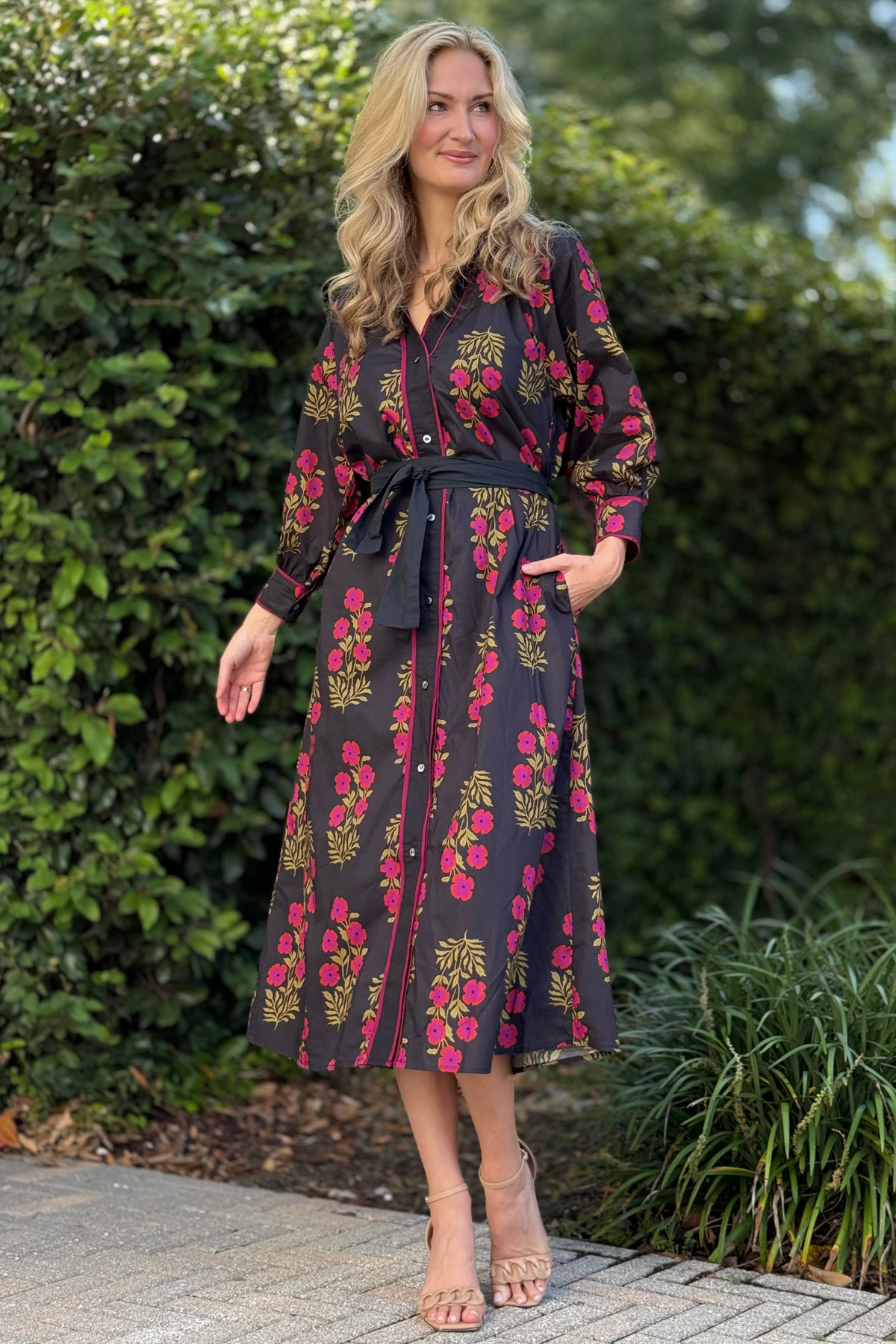 Floral button-front maxi dress with waist tie and collared neckline