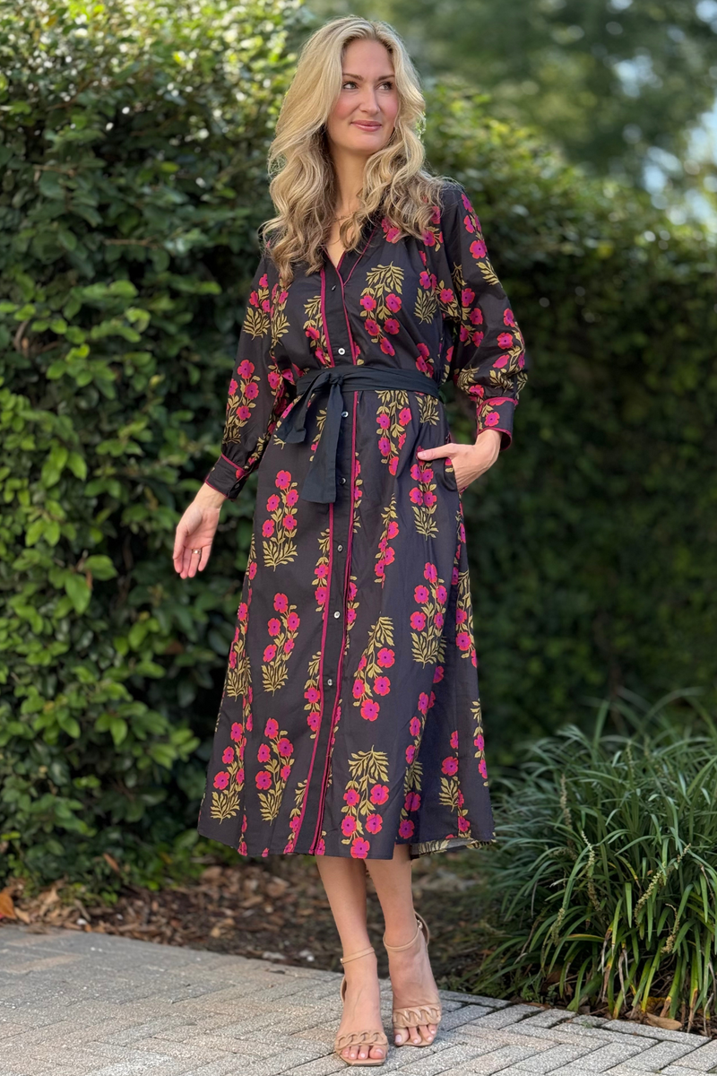 Floral button-front maxi dress with waist tie and collared neckline