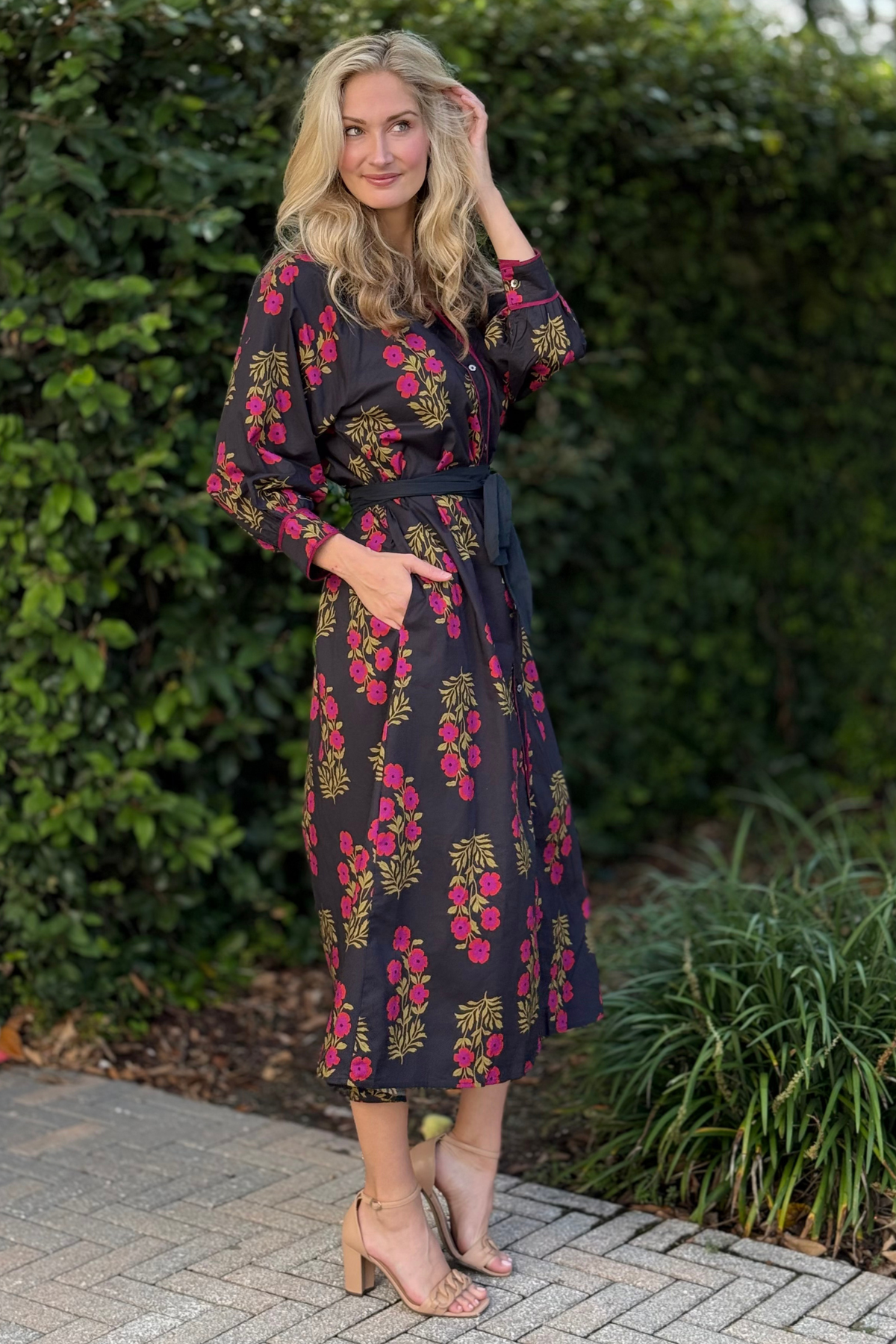 Detail of 3/4 length sleeve with button cuff on the Victorian Vine Dress
