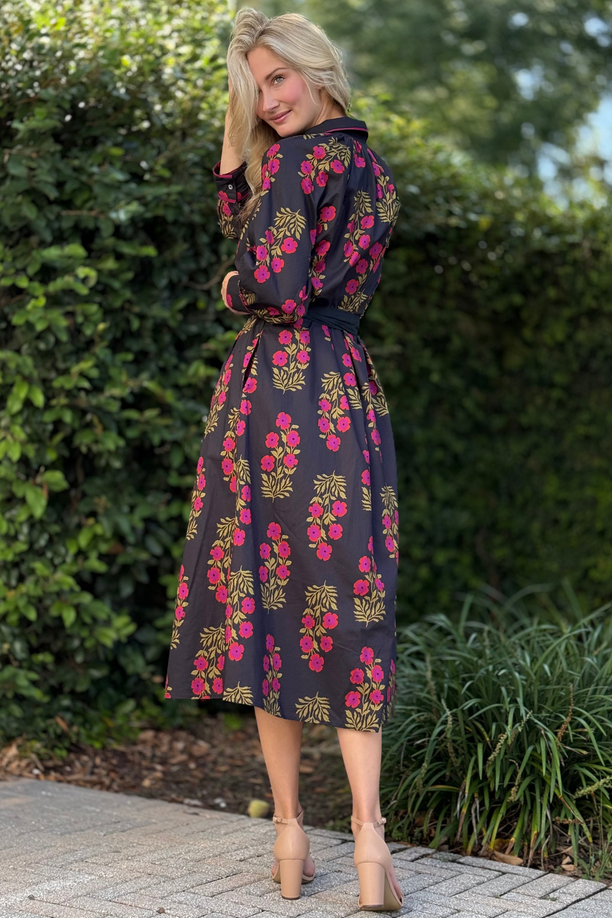 Back view of the Victorian Vine Maxi Shirt Dress showing flowing silhouette