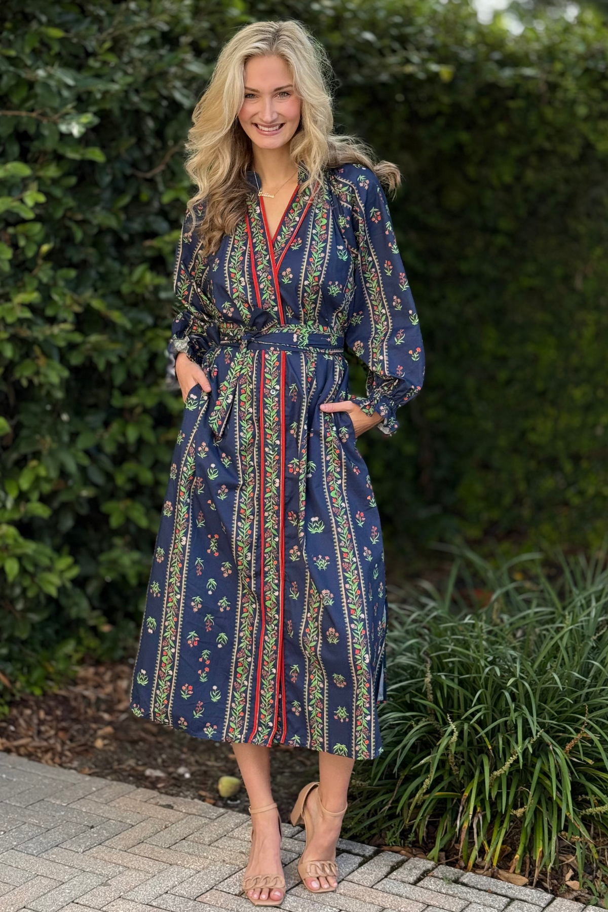 The Willow Floral Midi Dress in Navy with Belted Waist