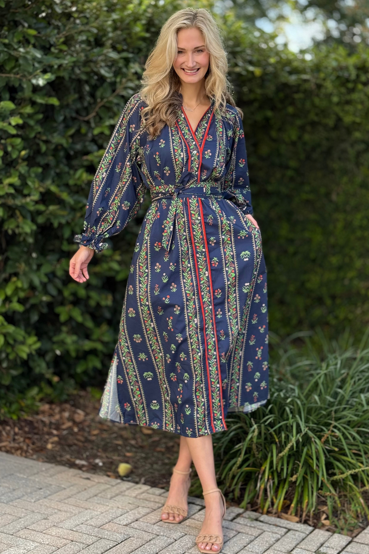 Detail view of floral print and contrast trim on The Willow Dress