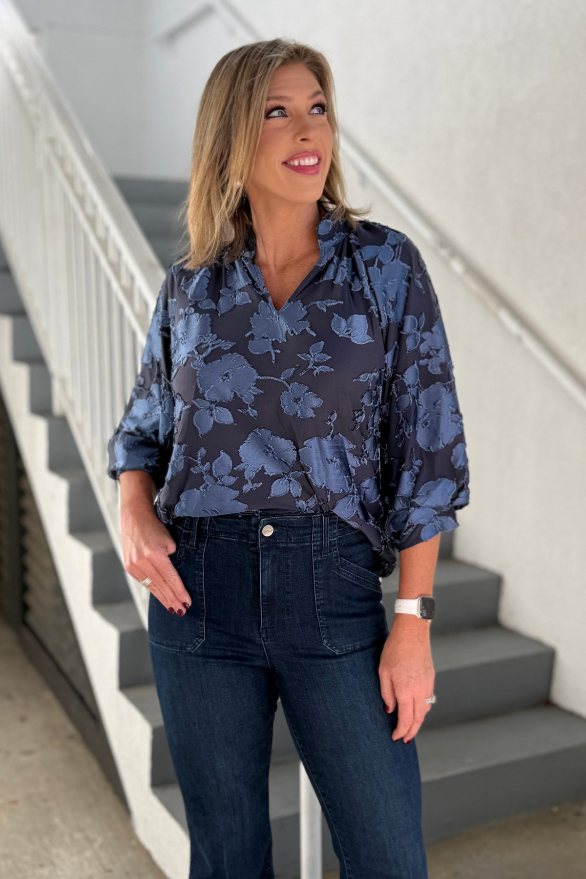 Slate blue floral texture blouse with 3/4 balloon sleeves back view
