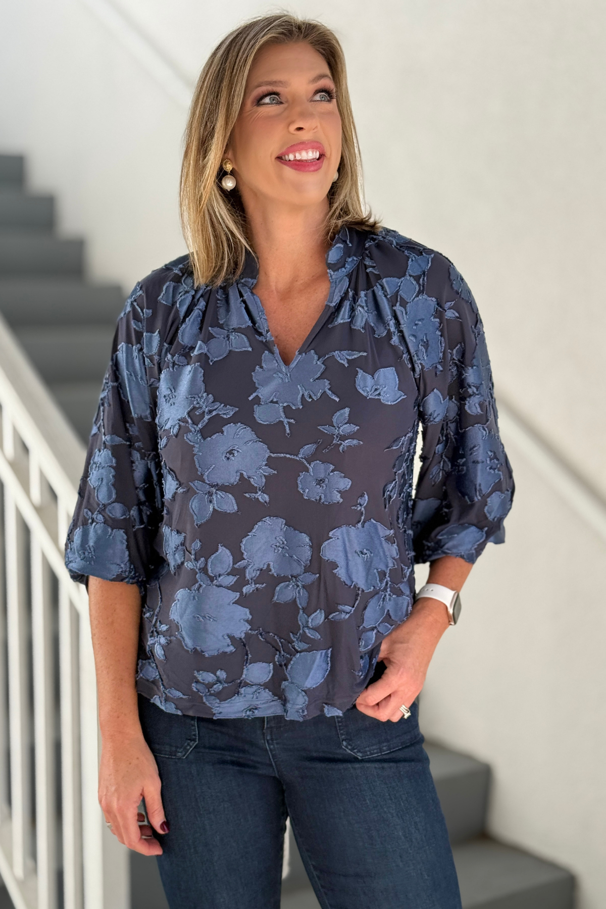 Workday to Weekend Slate Blue Ruffle Neck Top front view
