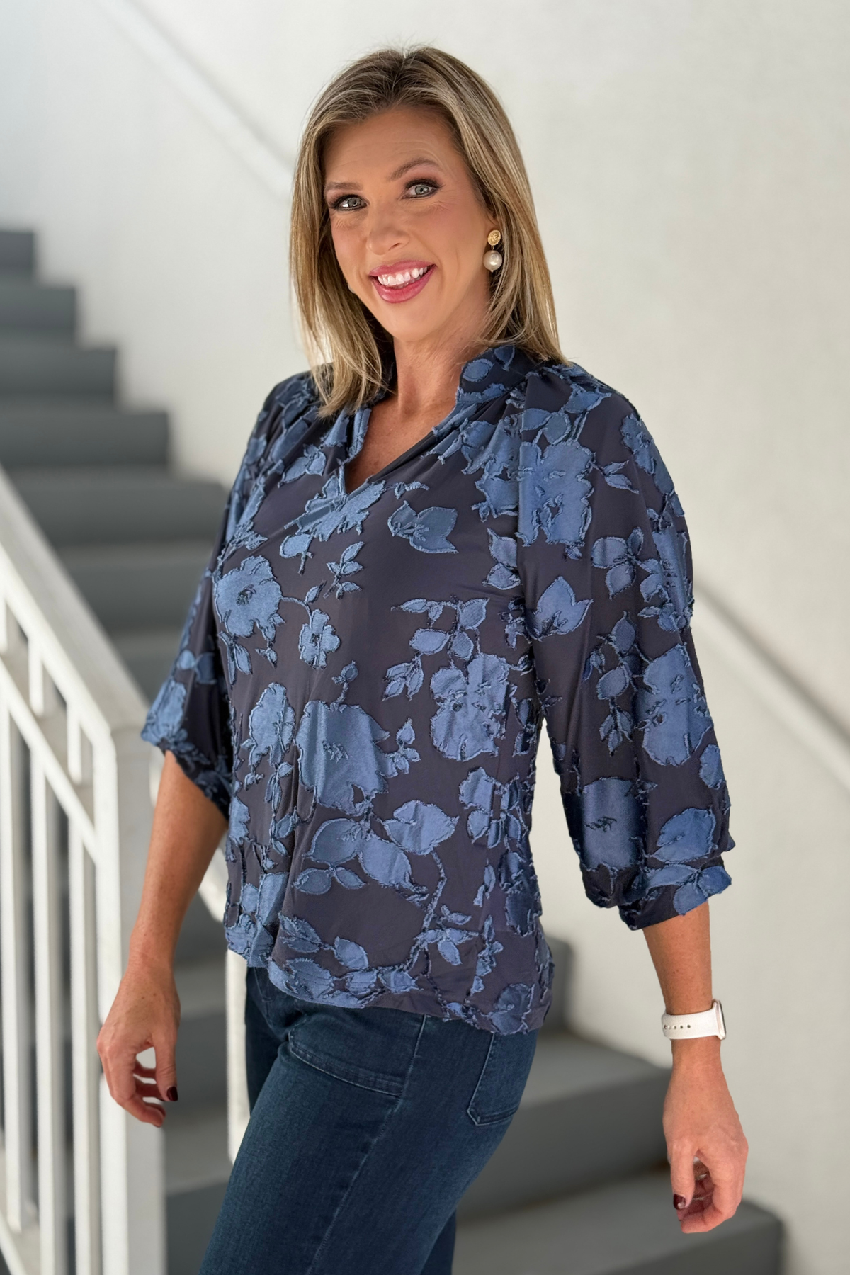 Slate blue split V-neck work to weekend blouse