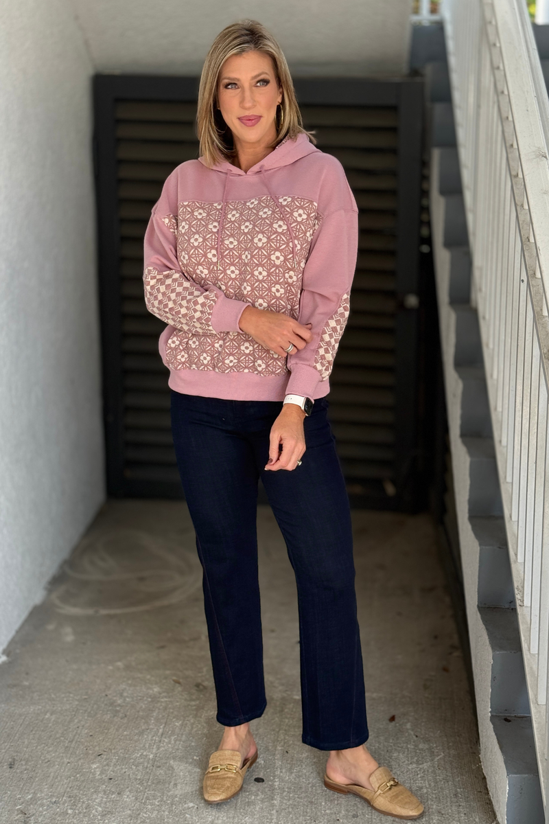 Mauve hoodie with floral jacquard front panel and patterned sleeves