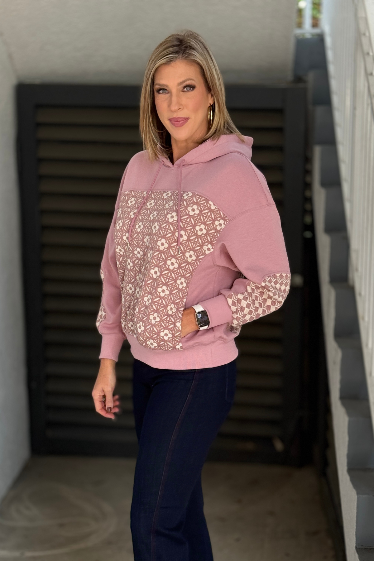 Women’s patchwork hoodie with mixed jacquard prints in mauve