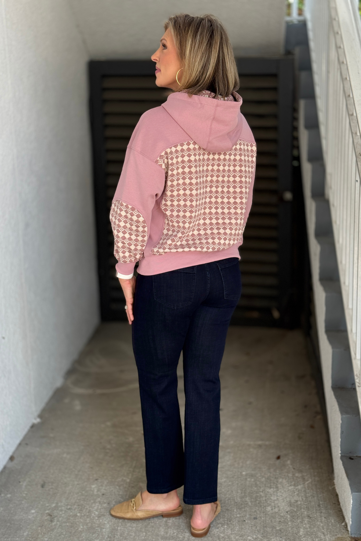 Back view of mauve mixed print jacquard hoodie