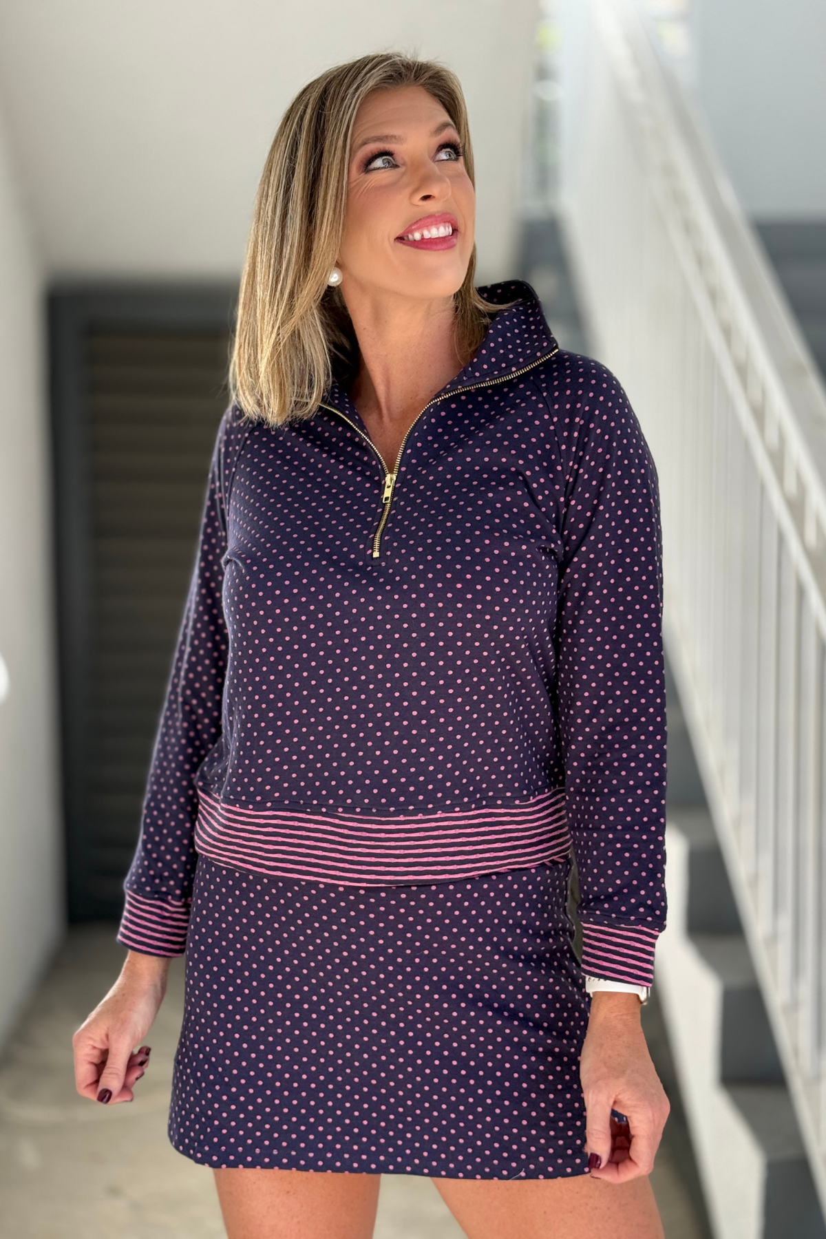 Women’s navy and pink half zip matching set top