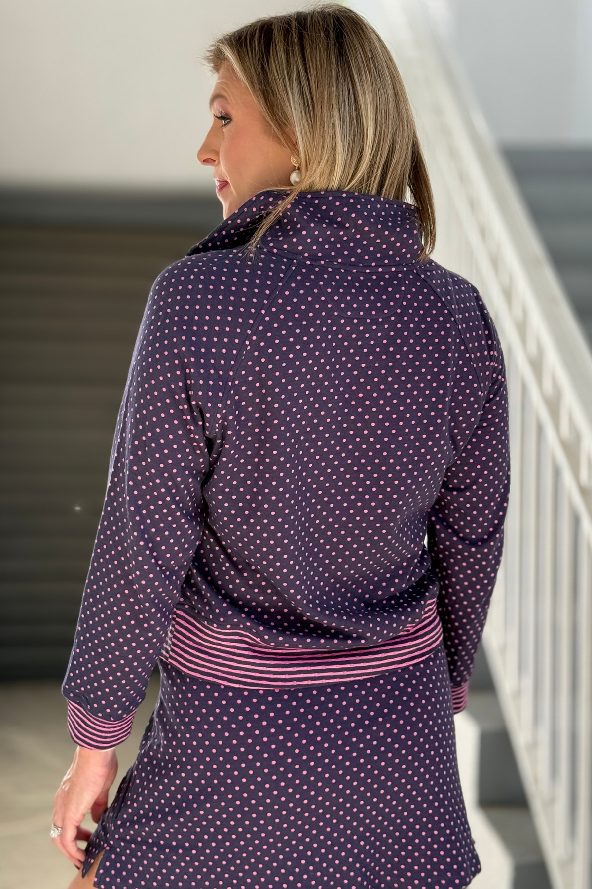 Gold half zip navy polka dot pullover for women